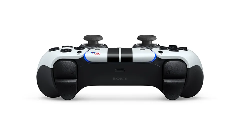 The top edge of the Gran Turismo Limited Edition DualSense, with black triggers and a stripe across the light bar