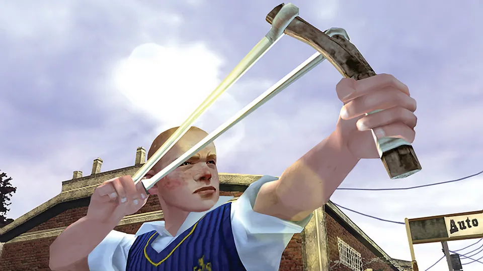 Jimmy Hopkins, in a blue school vest, pulls back a slingshot in front of a brick building in Bully