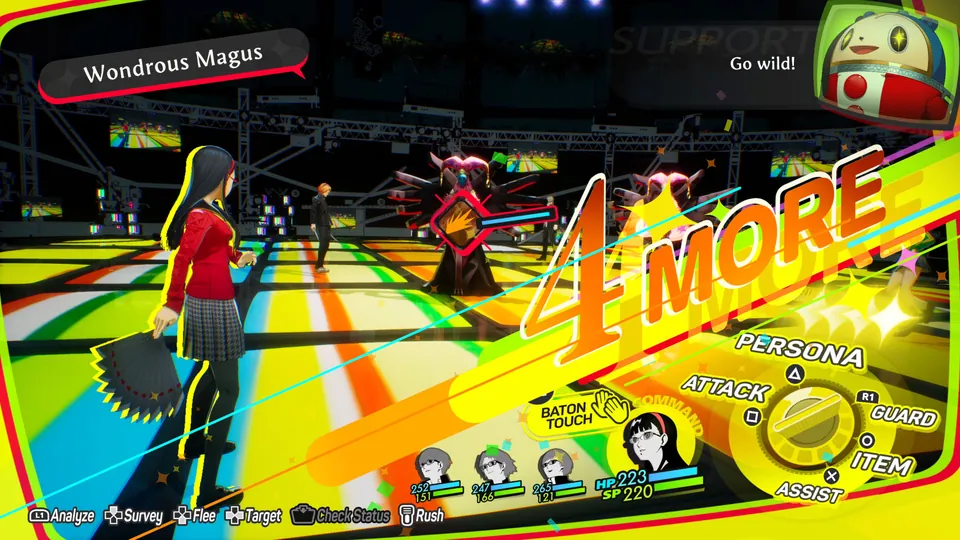 A turn-based battle on a neon stage with the party's commands on screen in Persona 4 Revival