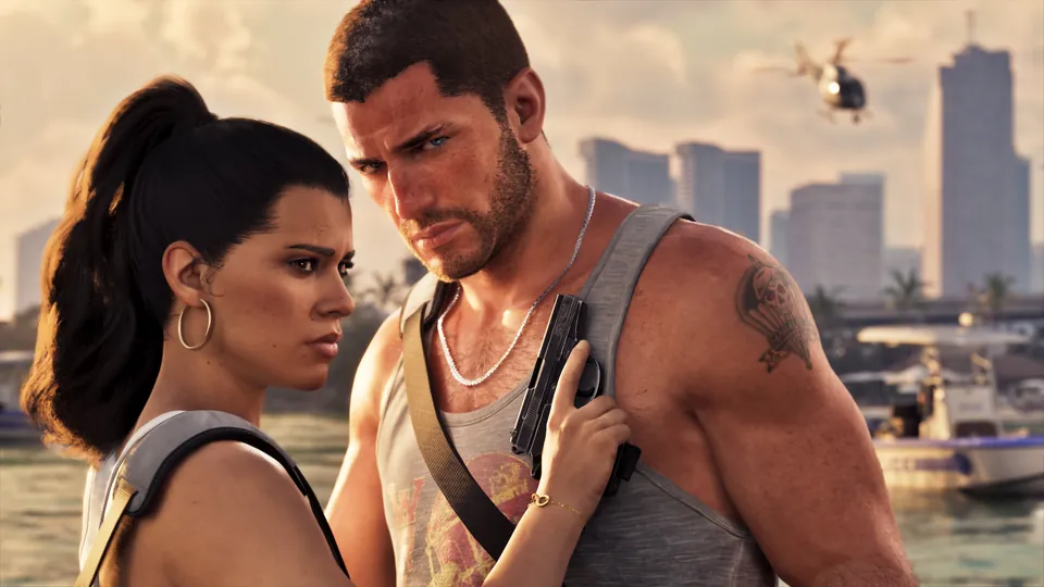 Lucia and Jason on a dock with the Vice City skyline behind them