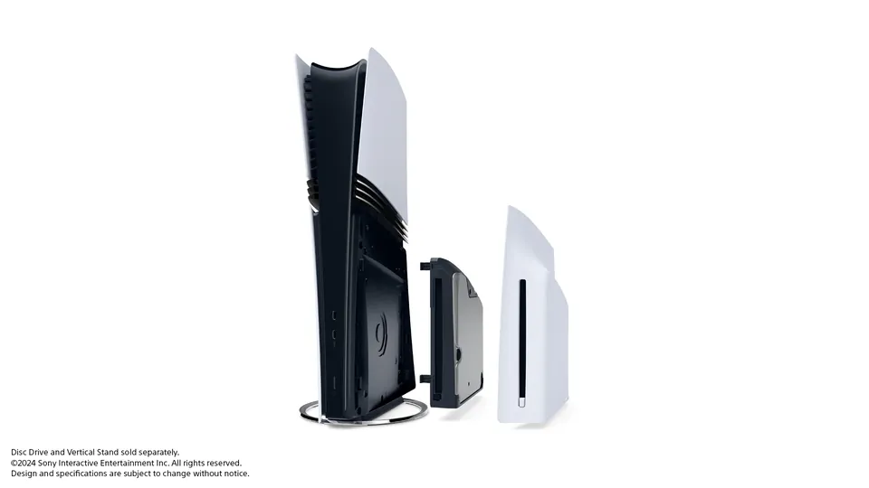 The PS5 Pro shown with the separate Disc Drive for PS5 detached beside it.