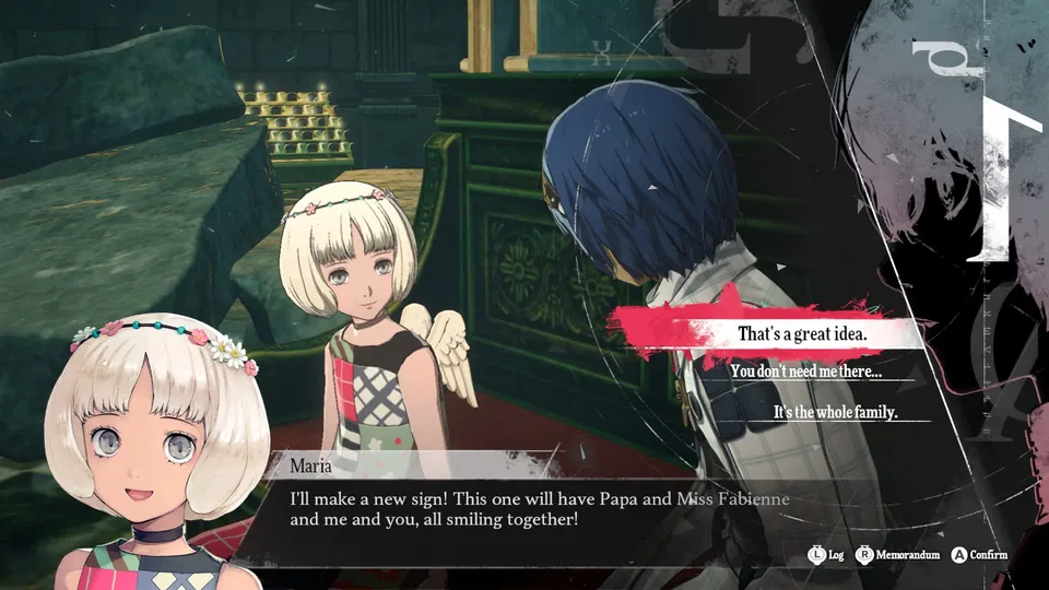 A young girl with a flower crown chats with the blue-haired lead in a dialogue scene