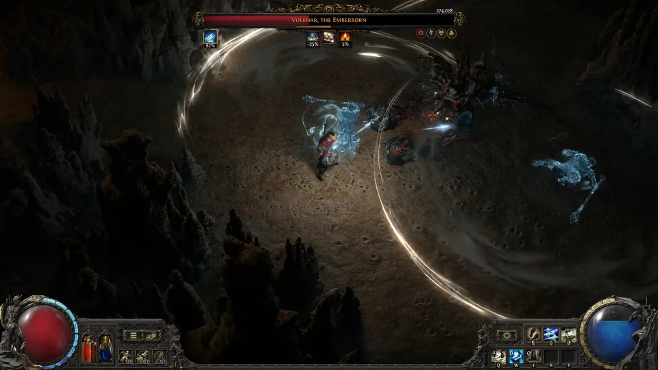 A character spins a glowing arc of frost in a dark cavern during a boss fight in Path of Exile 2