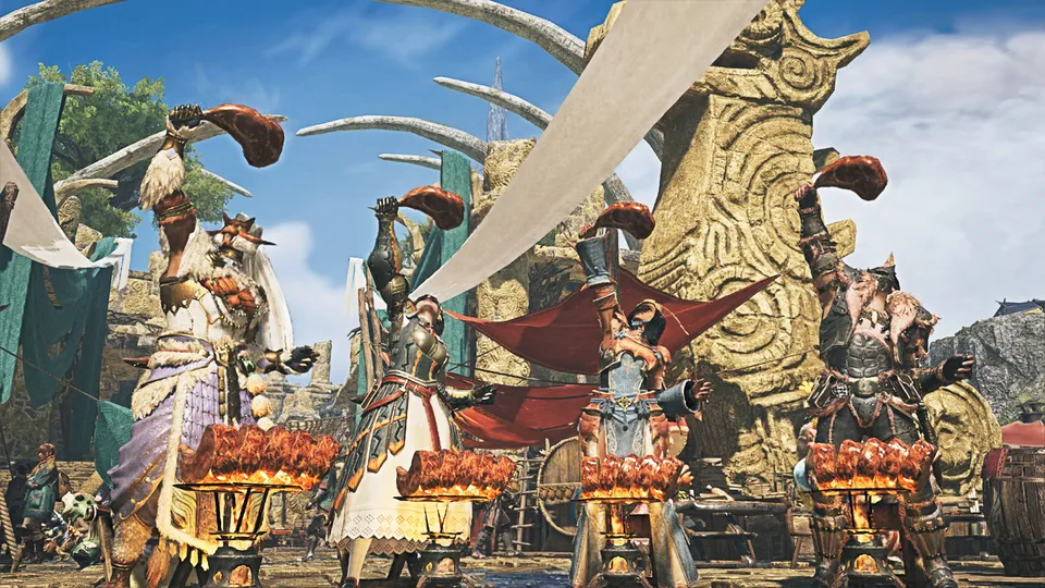 Hunters in festival armor gather under banners in a sunny village square in Monster Hunter Wilds
