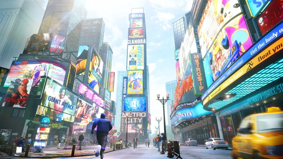 A player runs down a busy street lined with giant screens in Metro City in the World Tour mode of Street Fighter 6