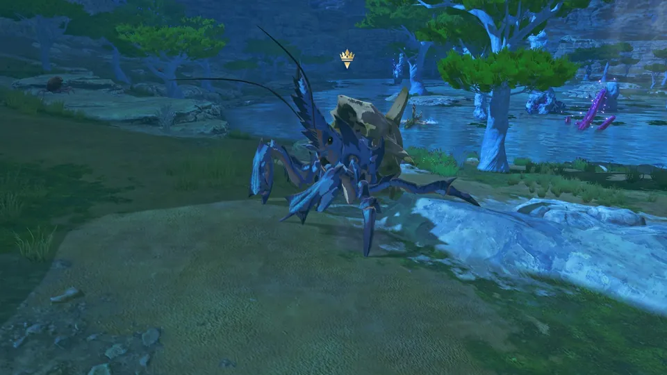 A crowned Royal Monster scuttles along a riverbank in the open world of Monster Hunter Stories 3