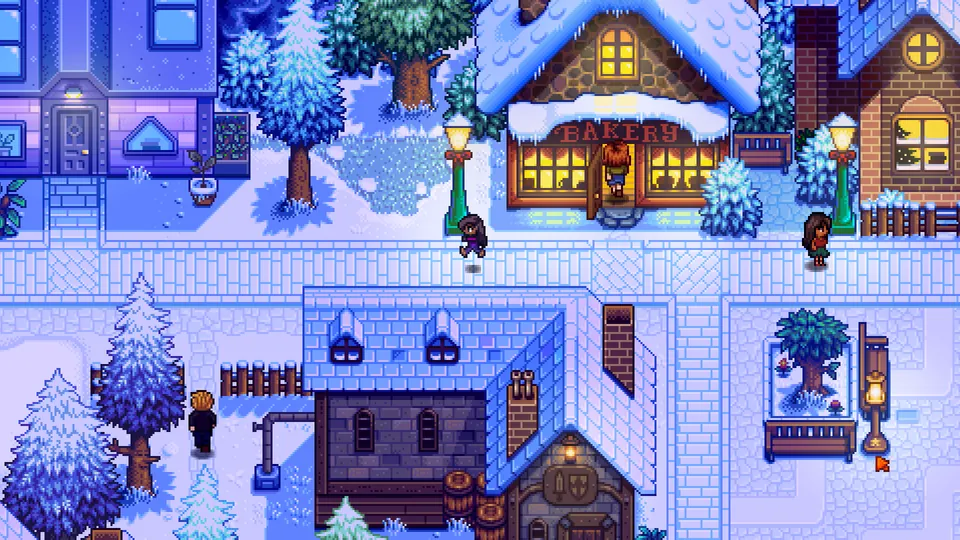 Townspeople walk along a snowy street past a bakery and stone houses in Haunted Chocolatier
