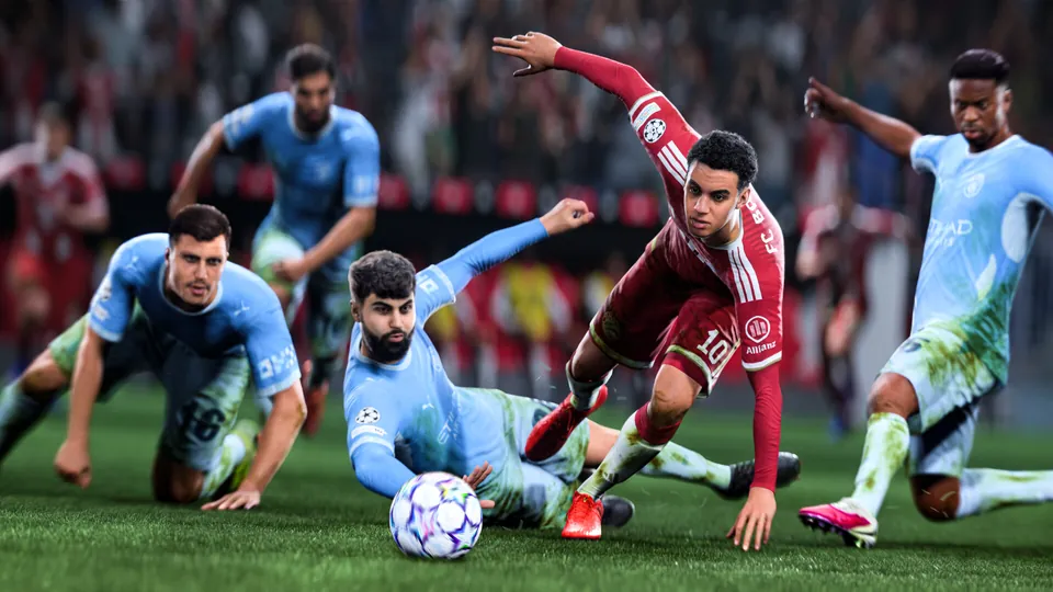 A Bayern Munich player battles Manchester City players for the ball in EA Sports FC 27