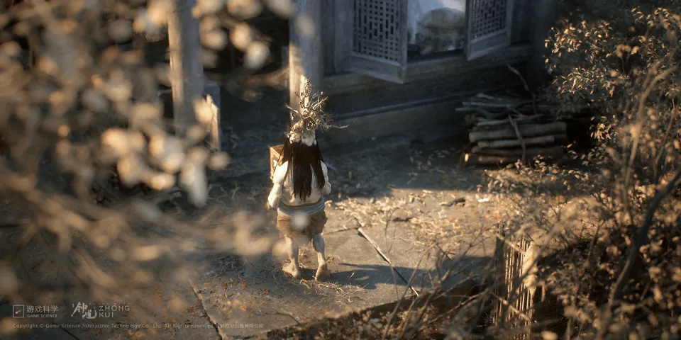 A figure in white robes and a wide straw hat stands in a sunlit courtyard in Black Myth: Zhong Kui footage