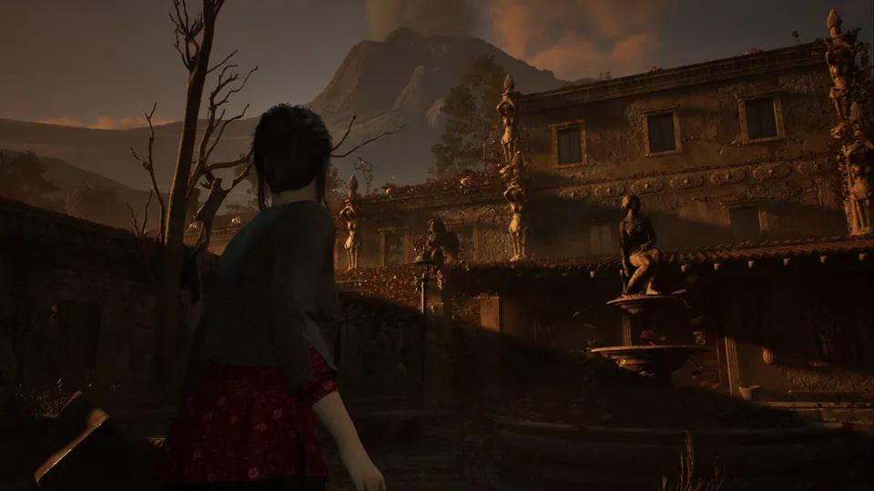 A woman in a red skirt crosses the courtyard of a crumbling villa at dusk, with Mount Etna behind, in Remothered: Red Nun's Legacy