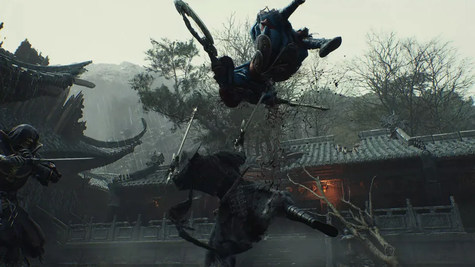 Fighters leap and strike above a temple courtyard in the rain in Phantom Blade Zero