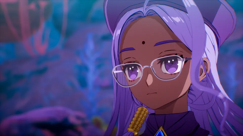 A character with lavender hair and glasses in a close-up from Fate/Extra Record