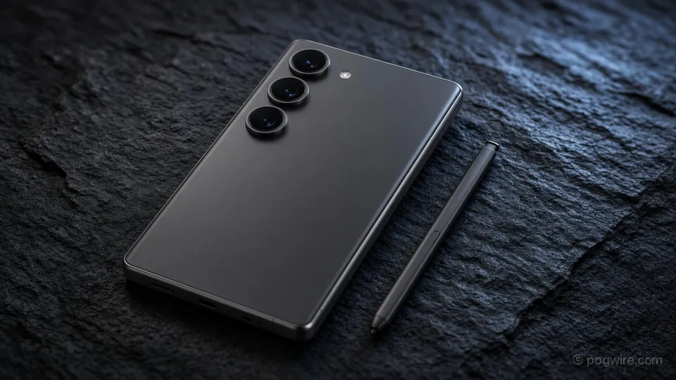 Illustration: the back of a dark flagship phone with three stacked cameras and a stylus on a stone surface