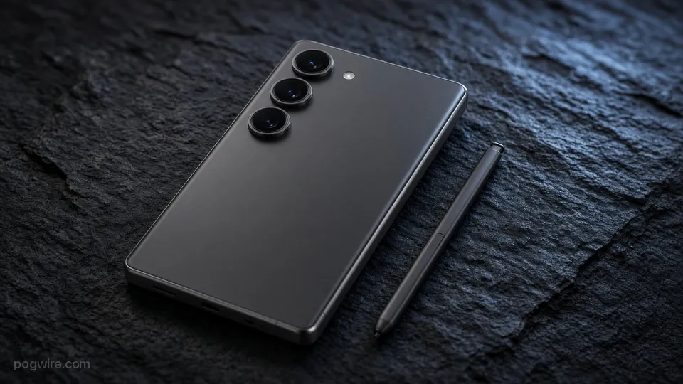 Illustration: the back of a dark flagship phone with three stacked cameras and a stylus on a stone surface