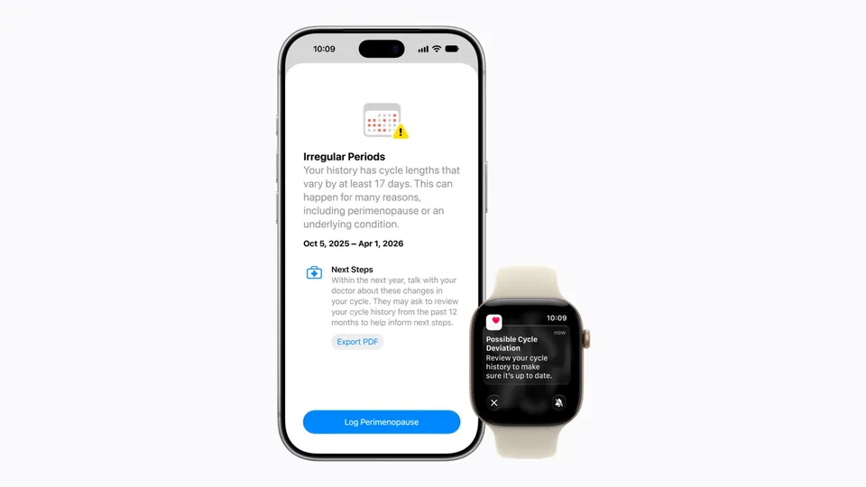 An iPhone showing an Irregular Periods alert in the Health app next to an Apple Watch with a cycle deviation notice