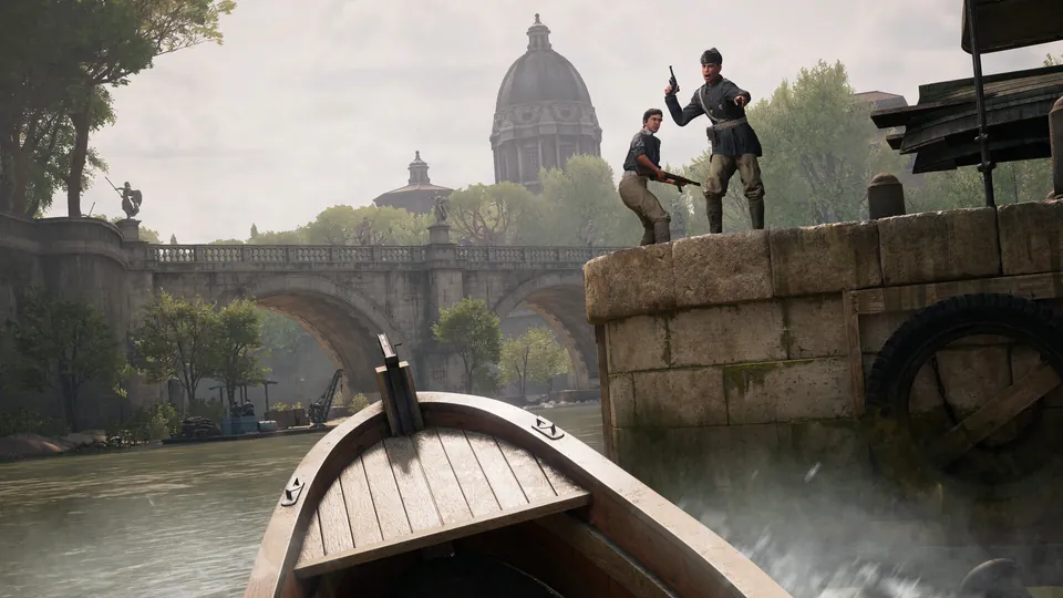 Indy steers a boat down the Tiber in Rome as two Blackshirts aim from the embankment below the dome of St. Peter's