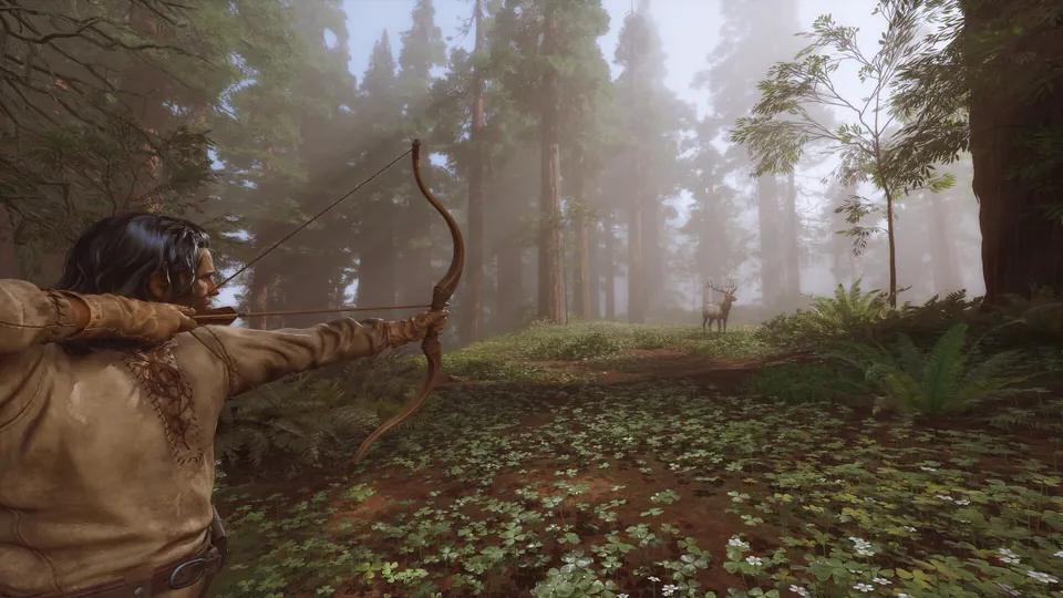 A hunter draws a bow in a misty redwood forest