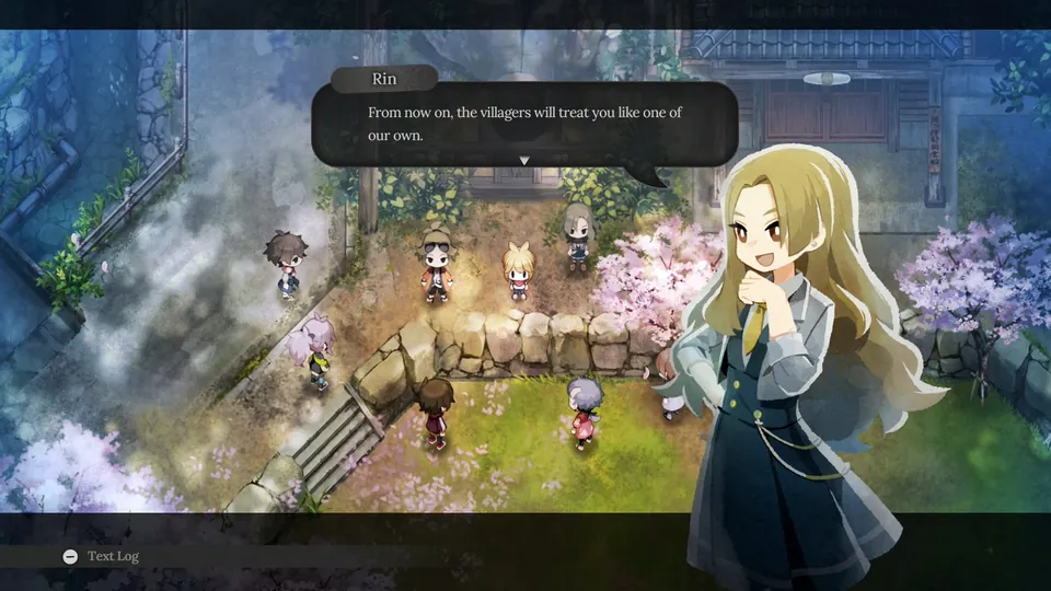 Rin welcomes the newcomer to Kagatsu under cherry blossoms in Village in the Shade