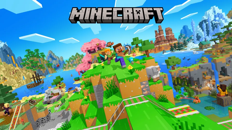 Minecraft key art: players with pickaxes on a grassy hill above villages, oceans and mountains