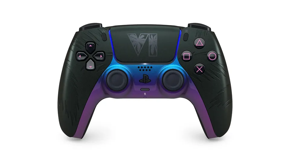 The black GTA VI limited-edition DualSense controller from the front, with a blue and purple color-shifting finish and the VI logo