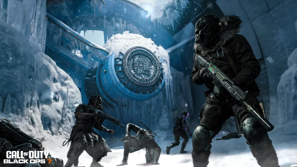 Operators in winter gear fight around a frozen turbine on the Quantum map in Black Ops 7 Season 6