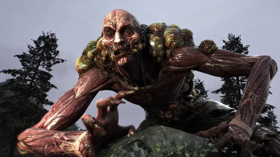 A huge mutated infected crouches on a rock in Dying Light: The Beast