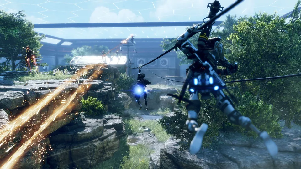 A pilot rides a zipline during a firefight in Titanfall 2