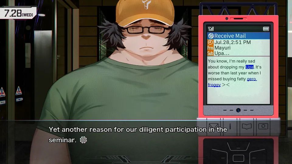 Itaru Hashida beside Okabe's phone showing an incoming email from Mayuri, the Phone Trigger system in Steins;Gate Re:Boot