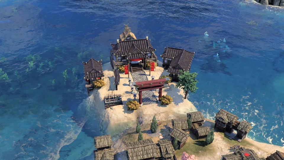 A small island settlement with a red torii gate and wooden houses surrounded by blue sea in Civilization VII.