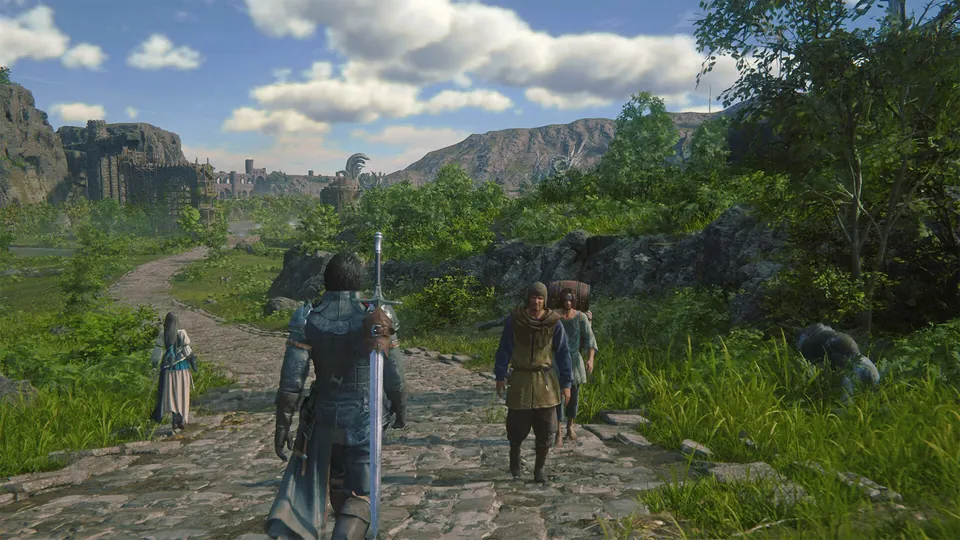 A swordsman walks with a small group along a stone path through green hills in Final Fantasy XVI