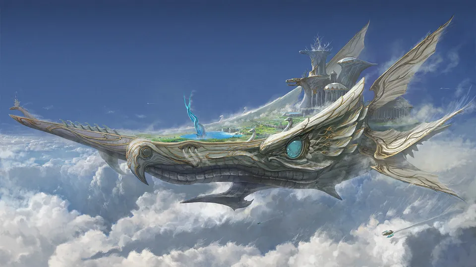 Naglfar, a giant whale-shaped airship with a town on its back, flies above the clouds in Final Fantasy XIV: Evercold