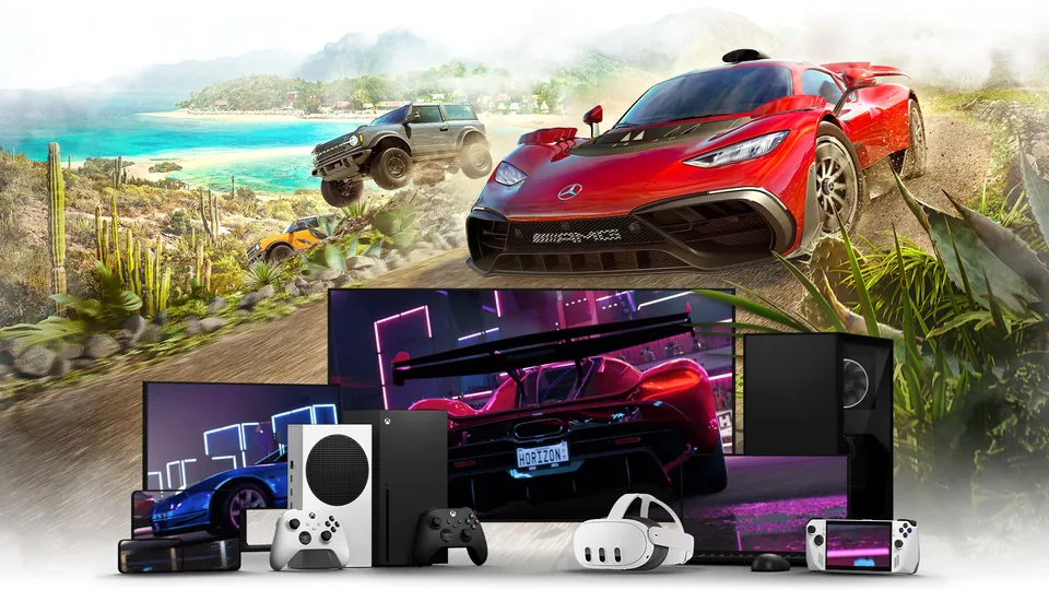 A red Mercedes-AMG from Forza Horizon 5 above a row of devices that run Xbox Cloud Gaming: a TV, a monitor, Xbox consoles, a phone, a VR headset and a handheld