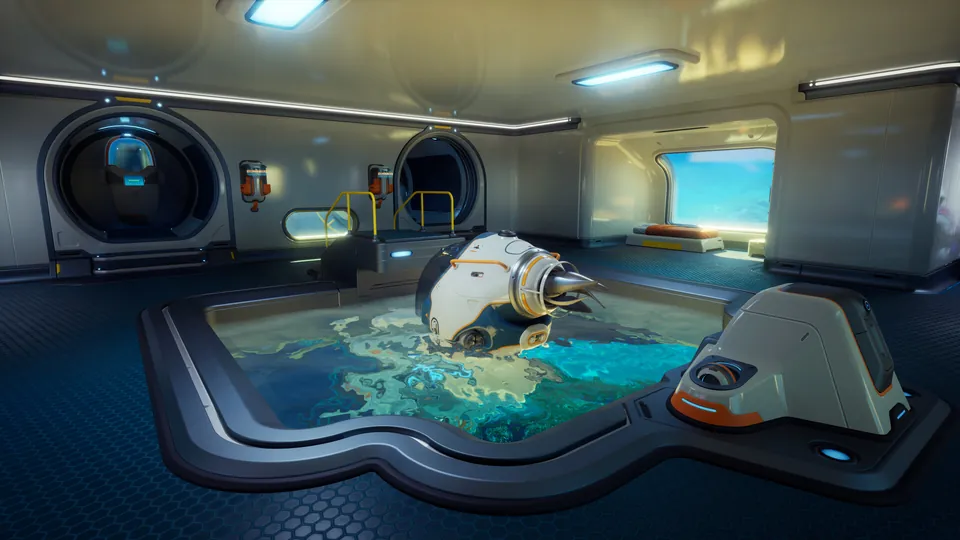 A Tadpole submersible rests in the moon pool inside an underwater base in Subnautica 2