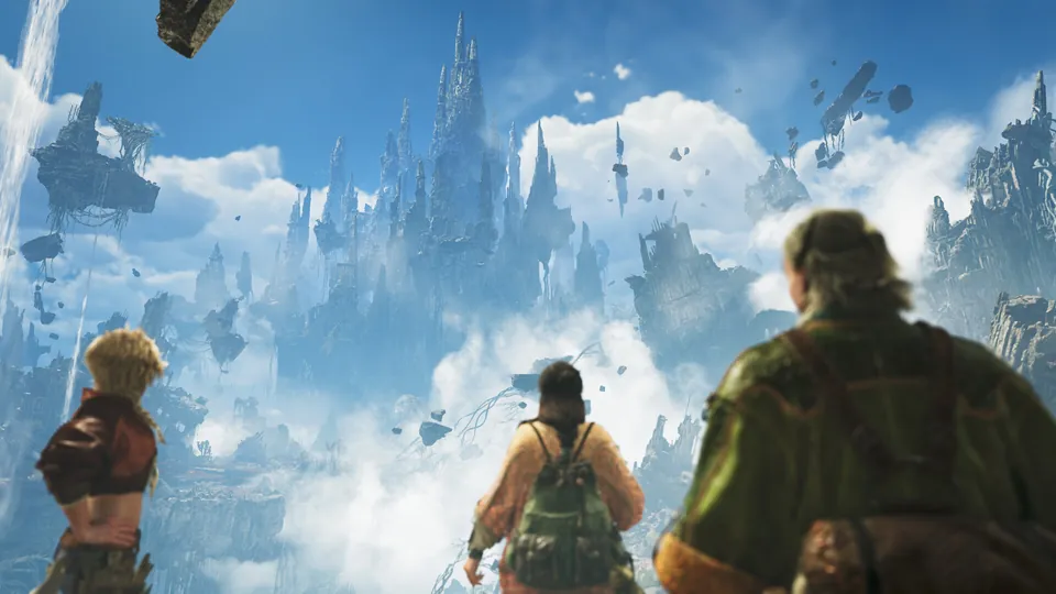 Three hunters look out at a chain of islands and ruins floating in the sky in Monster Hunter Wilds: Ascendance