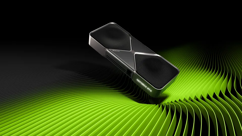 The GeForce RTX 5090 Founders Edition graphics card floating over green waves