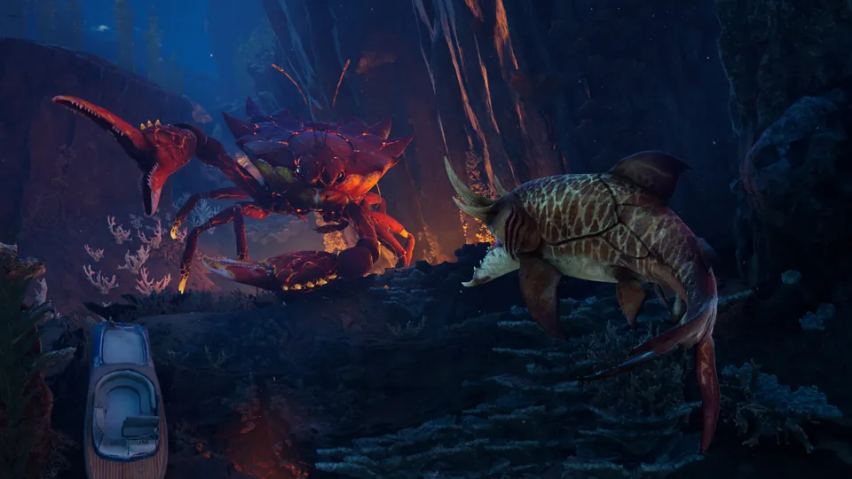 A shark faces a giant glowing crab in a volcanic cave in Maneater 2