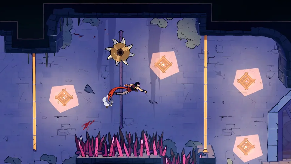 The prince jumps between spike traps in a purple dungeon in The Rogue Prince of Persia
