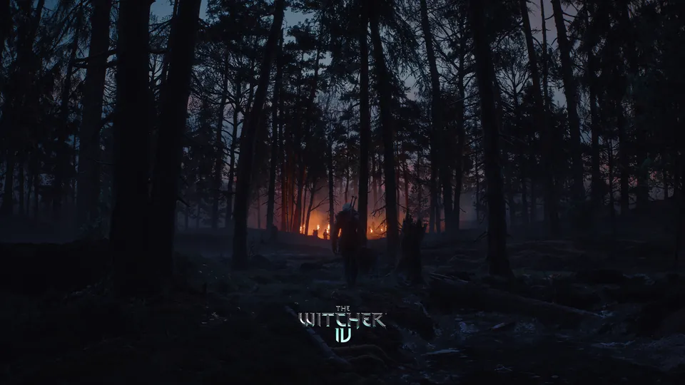 Figures walk through a dark pine forest toward a fire in The Witcher 4 reveal trailer