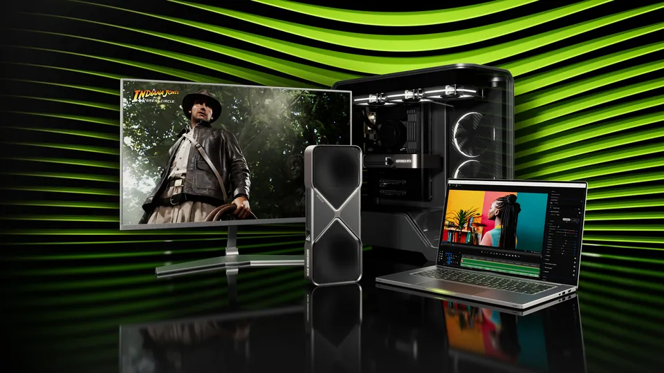 A GeForce RTX 50 Series Founders Edition card between a gaming monitor, a desktop PC and a laptop against green light