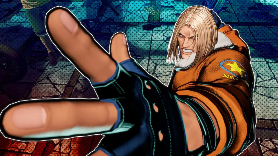 Terry Bogard reaches toward the camera in a super move close-up from Fatal Fury: City of the Wolves