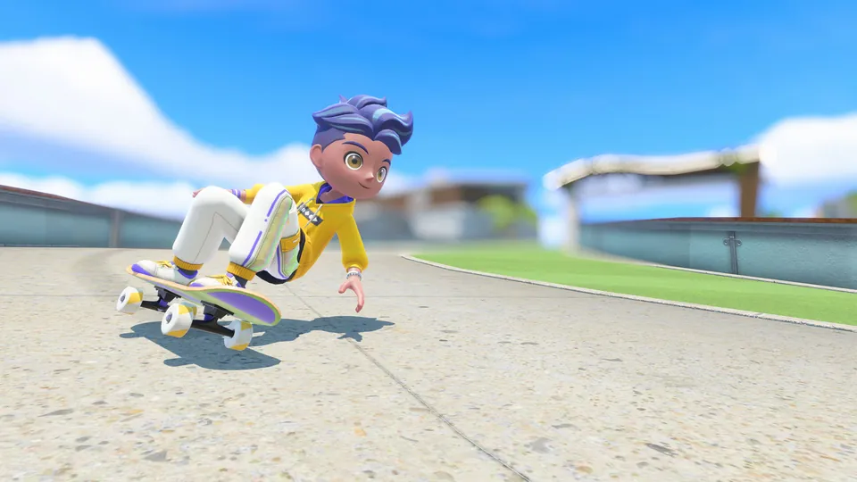 A Sportsmate with purple hair crouches low on a skateboard and turns along a paved path in Nintendo Switch Sports Resort.