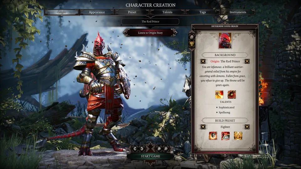 The Red Prince, a lizard warrior in red armor, on the character creation screen of Divinity: Original Sin 2