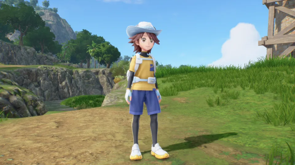 The main character in the Pokémon Winds outfit, with a wide white hat, on a grassy island path
