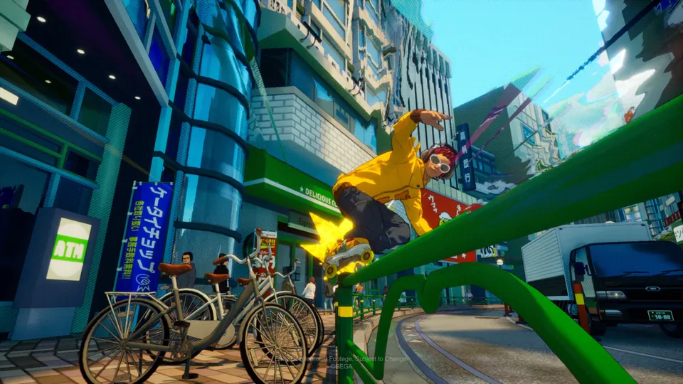 A skater in a yellow jacket grinds a green rail past parked bicycles on a sunny city street in early footage of the new Jet Set Radio