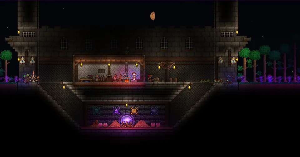 A blue castle shaped like a giant clock stands under a huge full moon as meteors fall in Terraria