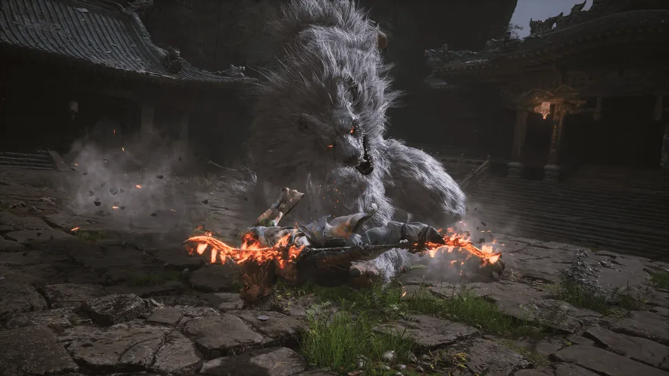 A huge white-furred wolf boss towers over the Destined One and a flaming staff in a temple courtyard