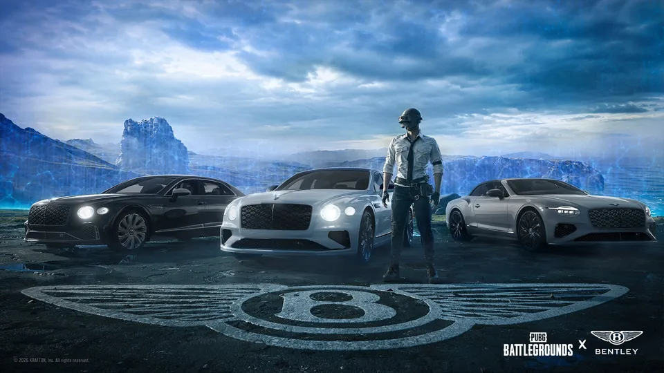 PUBG: Battlegrounds character in a helmet, white shirt and tie standing among three Bentley cars over a winged B logo on a rocky plateau