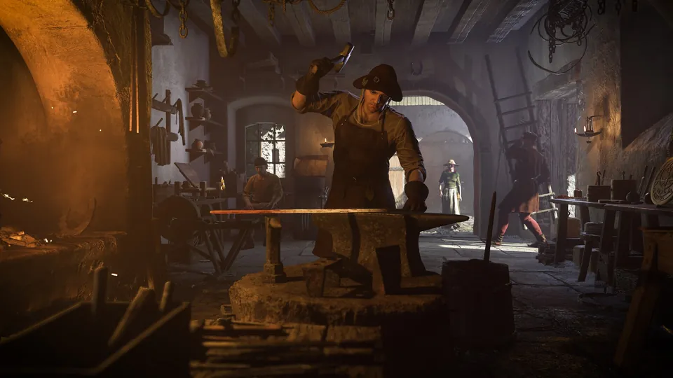 A blacksmith hammers at an anvil inside a busy candlelit forge