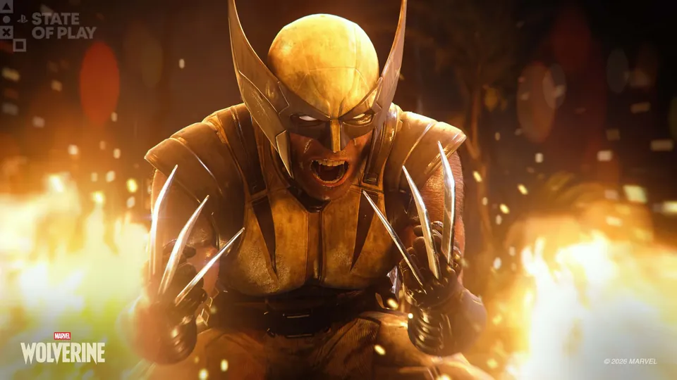 Wolverine in the yellow mask crouching in front of flames in Marvel's Wolverine