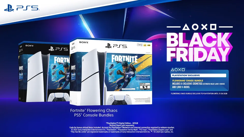 Two PS5 Fortnite Flowering Chaos console bundle boxes next to PlayStation's Black Friday logo